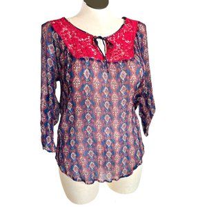 Lucky Brand Sheer Crinkled Fabric Top w Crochet Lace Blue, Red  1X runs small